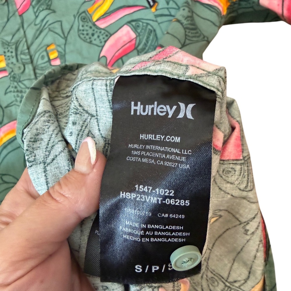 Hurley Mens SM Toucan Bird Print Button-Down Shirt Green Short Sleeve Tropical - Picture 9 of 10